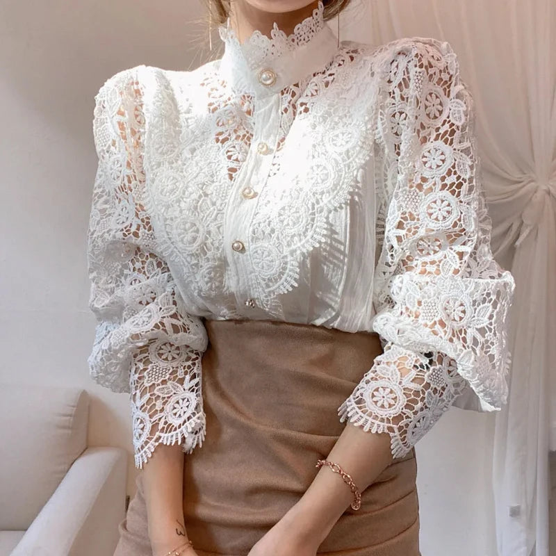 Petal Lace Casual Stand Collar Blouse