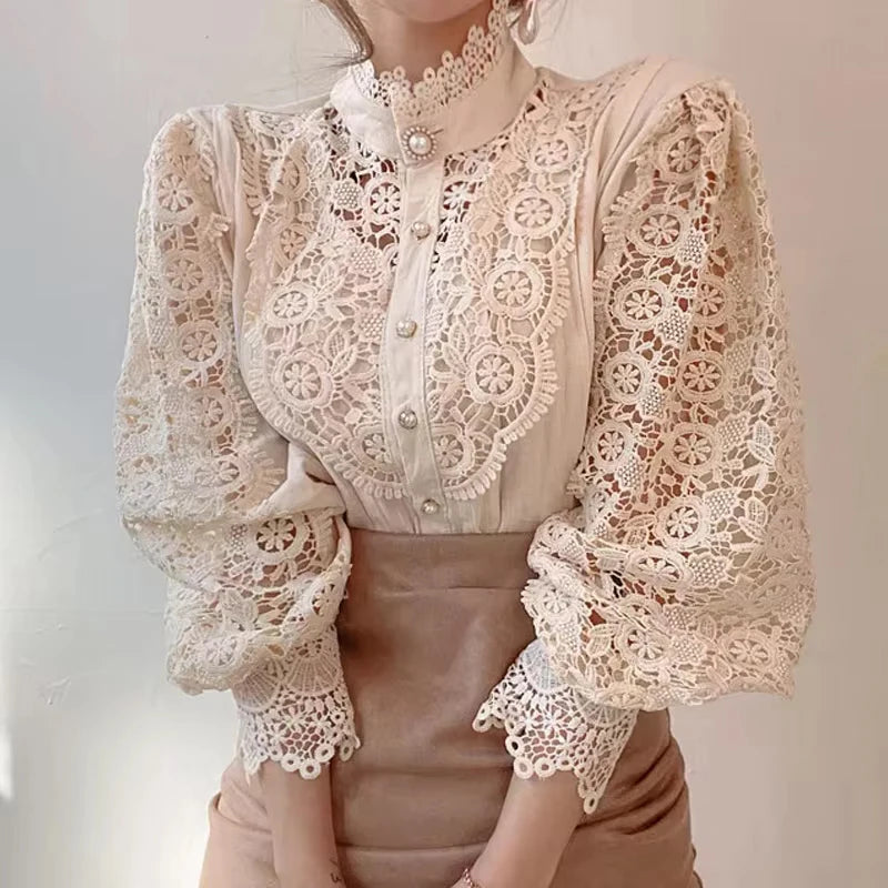Petal Lace Casual Stand Collar Blouse