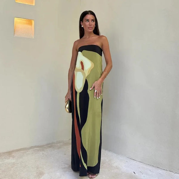 Sleek Printed Strapless Evening Dress