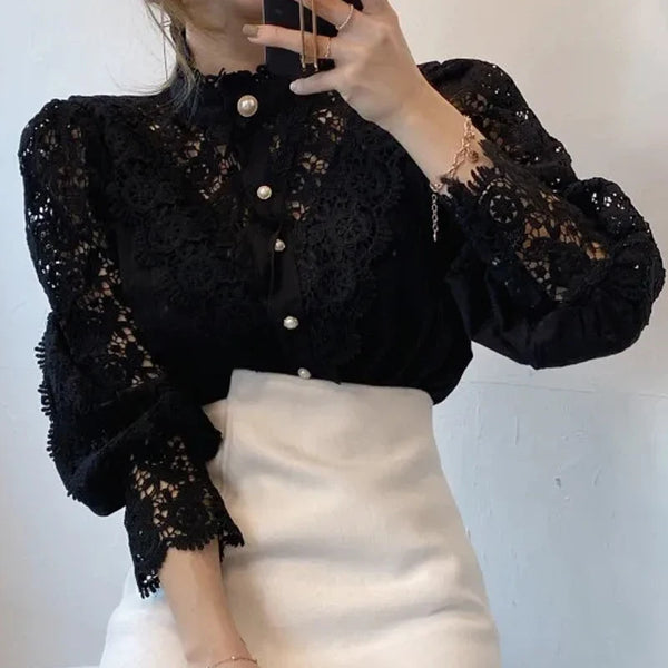 Petal Lace Casual Stand Collar Blouse